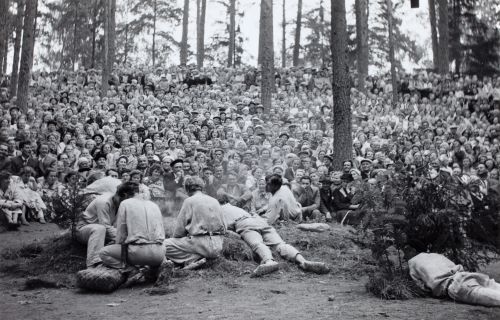 Harrastajanäyttelijät Tammelasta esittävät Kiven Seitsemää veljestä Saaren kansanpuistossa. 1951.
Vivica Bandlers arkiv, Svenska litteratursällskapet i Finland.